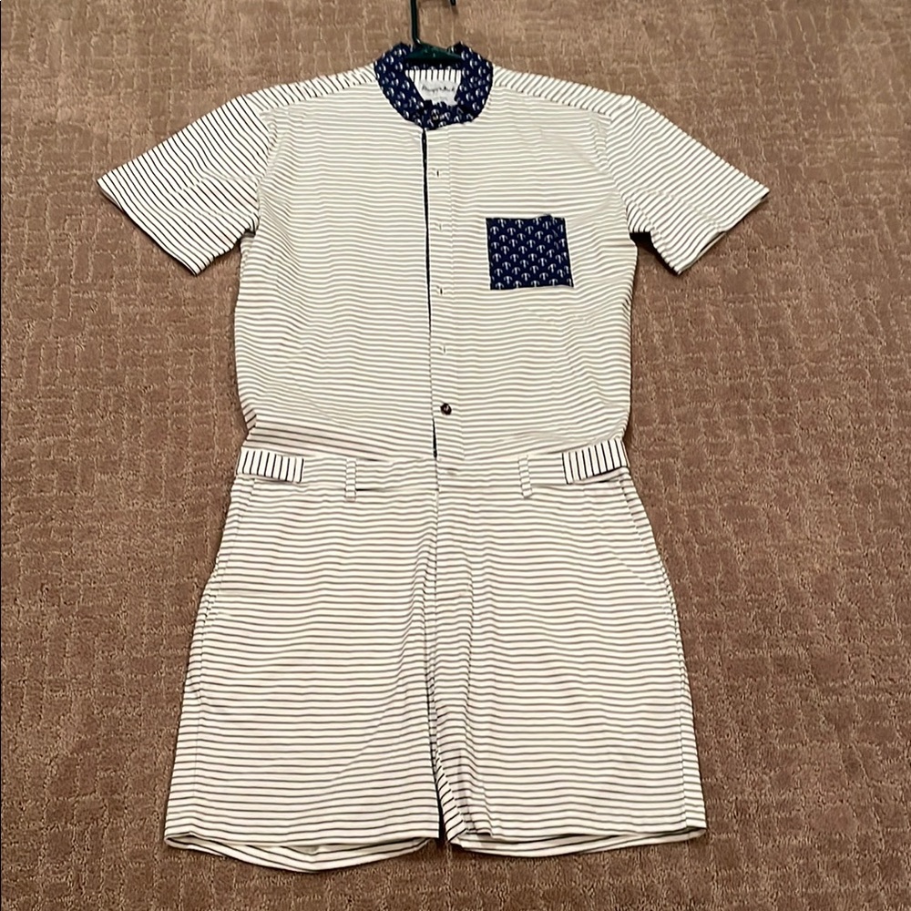 Men’s Small Striped Short Sleeve Romper with Navy Accents